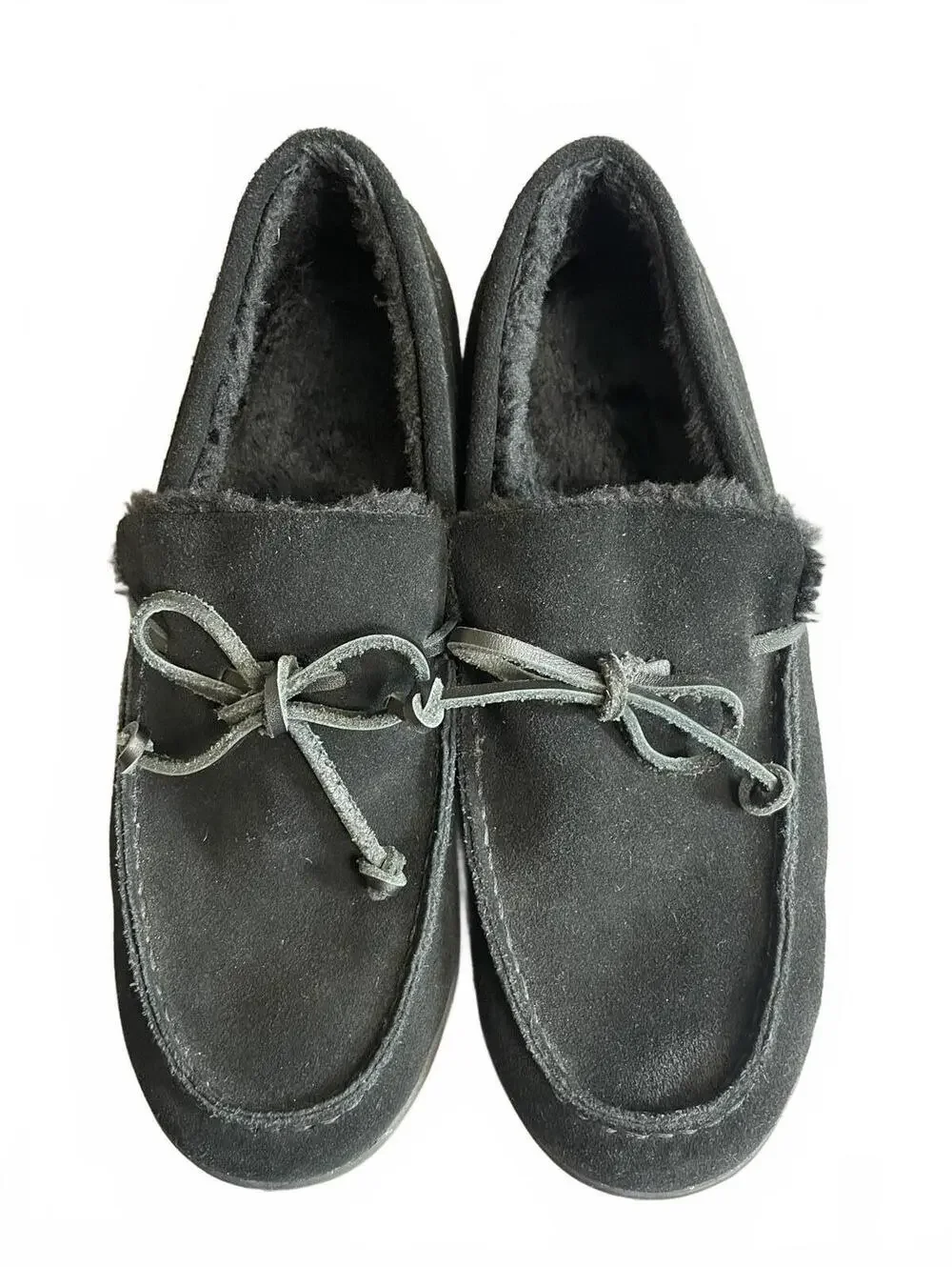 Vionic Adler moccasin slipper in black suede with faux-shearling lining Size 9